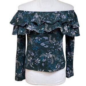 NWT off the shoulder ruffle neck long sleeve top Med Green Floral Forest Cottage